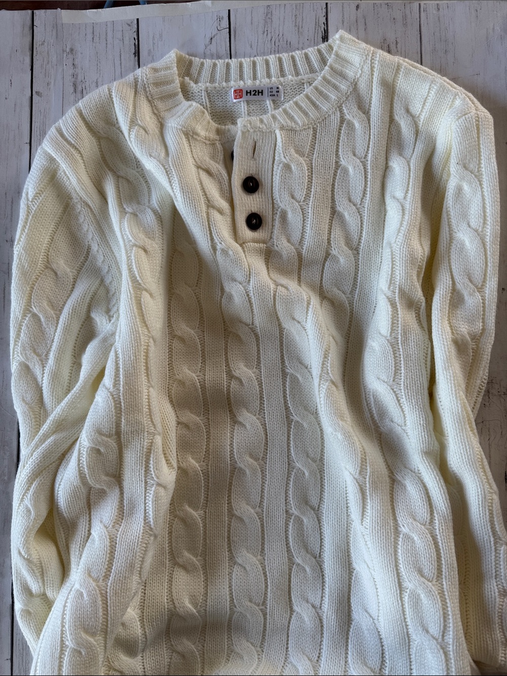 H2H Men's Cream Cable Knit Crewneck Sweater